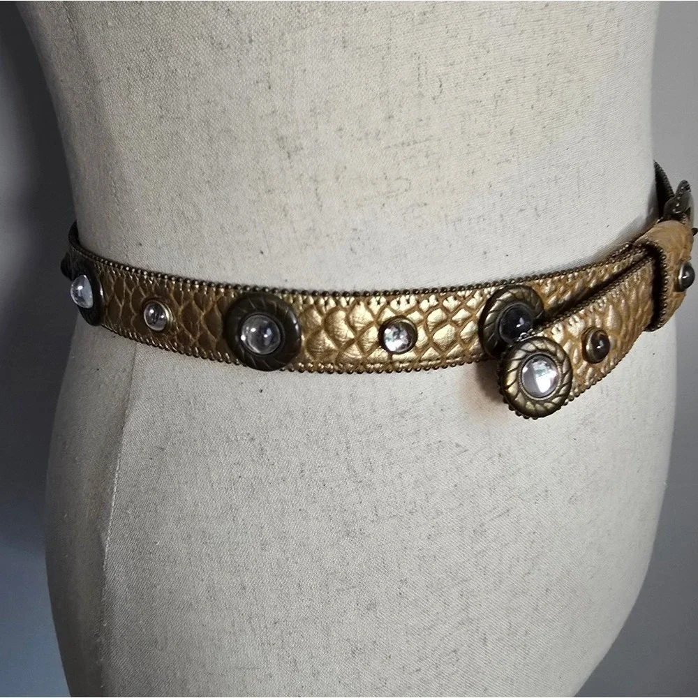 Vintage Gold Embossed Leather Crystal Studded Brass Buckle 80s Glam Belt M/L